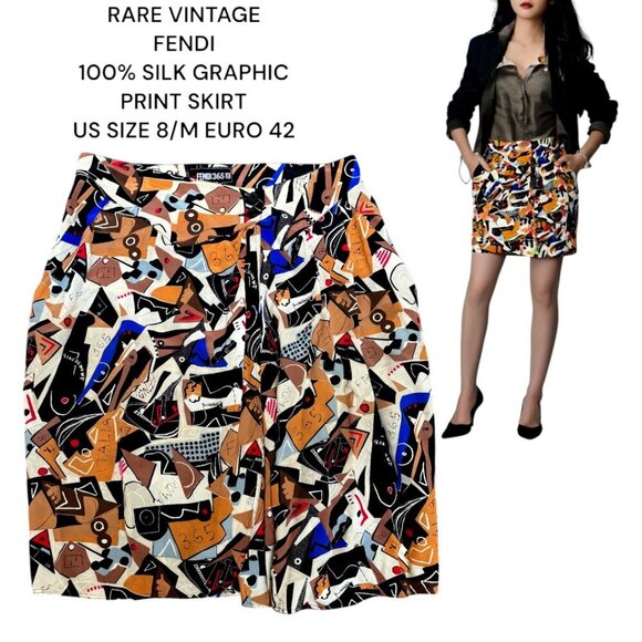 RARE AUTHENTIC FENDI LOGO GRAPHIC PRINT 100% SILK SKIRT US SIZE 8 M/EURO 42 EUC - Picture 1 of 7